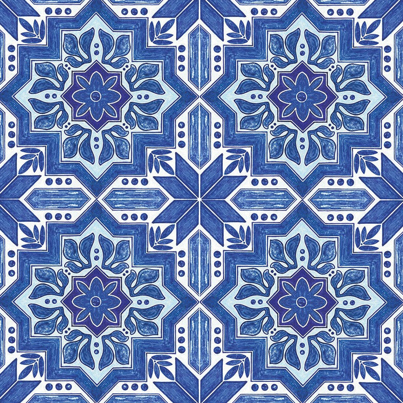 Vinyl Area Rug With Moroccan Tiles Design in Blue and Beige. 